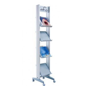 Présentoir ALU sur roulettes simple face pour 4 piles de brochures A4 avec tablettes métal ou plexi