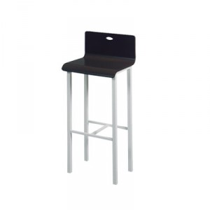 Tabouret haut 4 pieds métal, assise bois avec petit dossier et repose-pied